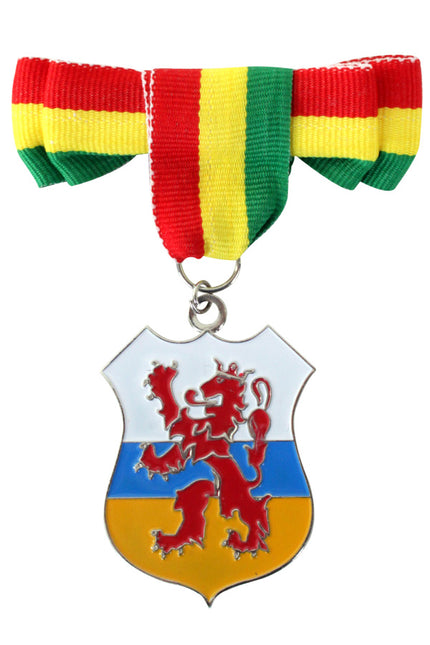 Broche met strikje Limburgs wapen, rood-geel-groen lint met schildje en rode leeuw voor carnaval