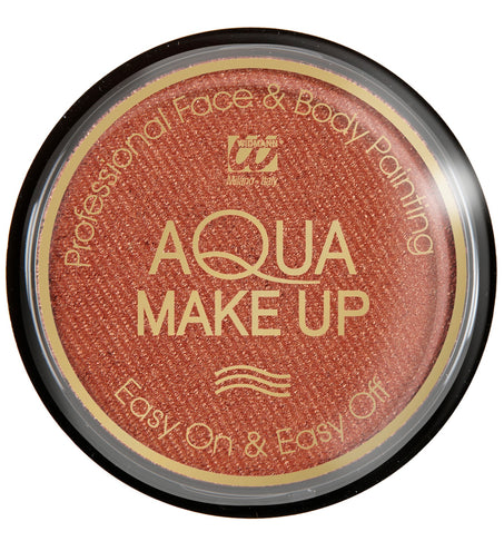 Bronze schmink aqua metallic in rond doosje met doorzichtig deksel en gouden opdruk, voor carnaval