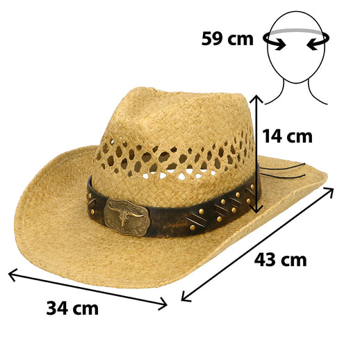 Bruine cowboyhoed Maverick met maataanduiding: hoofdomvang 59 cm, bol 14 cm hoog, rand 43 bij 34 cm