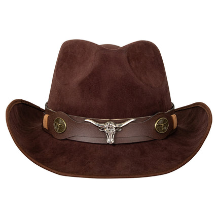 Bruine cowboyhoed vooraanzicht met zilverkleurige stierenkop en bronzen conchos