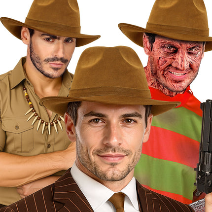 Bruine fedorahoed voor heren in drie looks: gangster, expeditie en horrorfeest