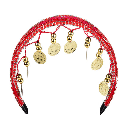 Buikdans hoofdband rood met pailletten, zilverkleurige biezen en zwarte uiteinden van de beugel