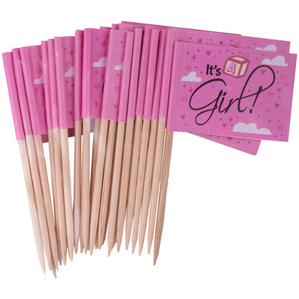 Bundel roze It's a Girl prikkers met hartjes en sterretjes, klaar voor de hapjes op een babyshower