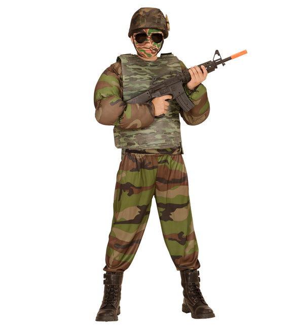 Camouflagevest kind op volledige legeroutfit met camouflagebroek en helm