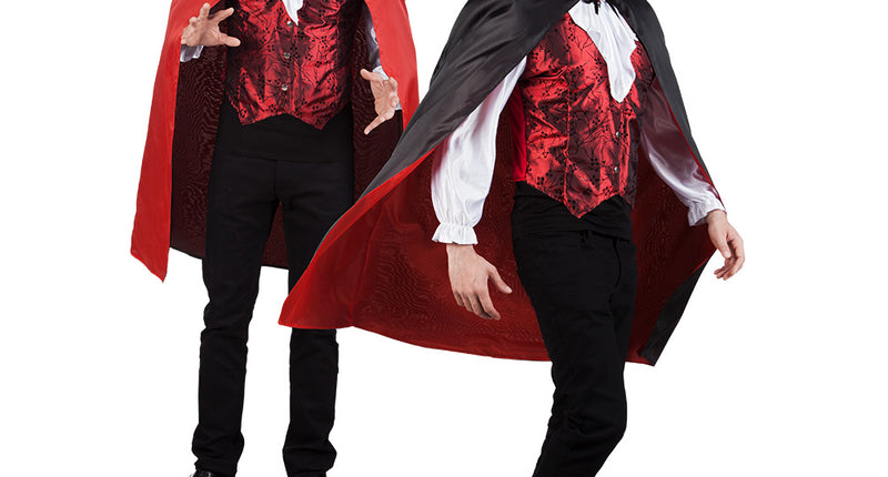 Cape Bloodlust zwart/rood omkeerbaar, links rode zijde en rechts zwarte zijde met staande kraag, voor Halloween