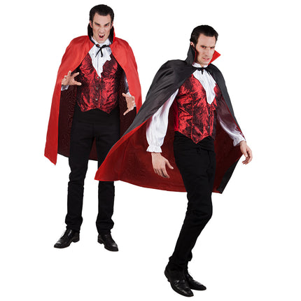 Cape Bloodlust zwart/rood omkeerbaar, links rode zijde en rechts zwarte zijde met staande kraag, voor Halloween