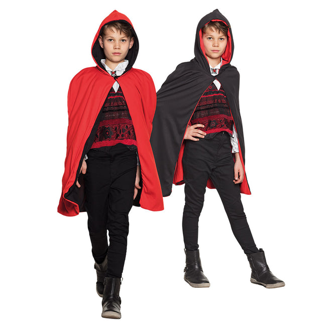 Cape kind Twilight omkeerbaar, links rood en rechts zwart gedragen met kap, voor Halloween