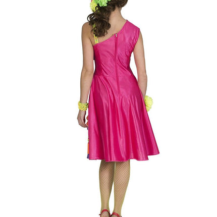 Caribisch pakje Cindy dames achterkant, effen fuchsia knielange jurk met ritssluiting in het midden