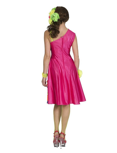 Caribisch pakje Cindy dames achterkant, effen fuchsia knielange jurk met ritssluiting in het midden