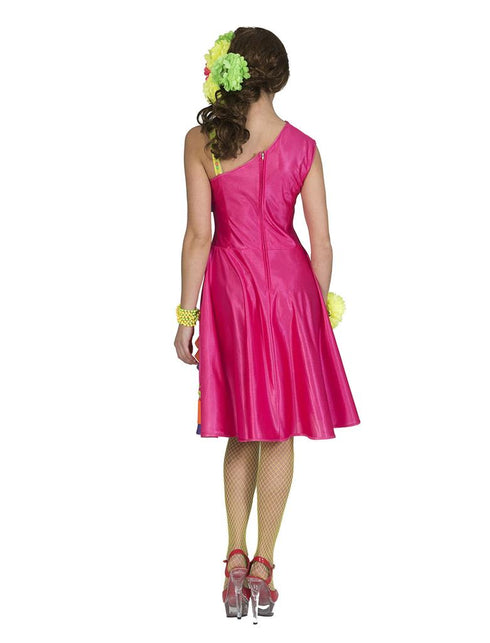 Caribisch pakje Cindy dames achterkant, effen fuchsia knielange jurk met ritssluiting in het midden