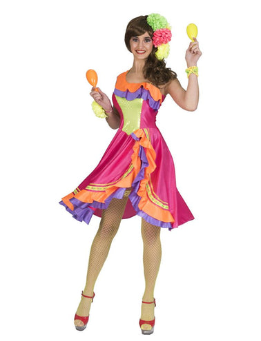 Caribisch pakje Cindy dames in fuchsia met oranje-paarse ruches en neongeel paillettenlijfje, vooraanzicht voor carnaval