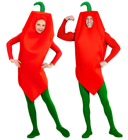 Chilipeper kostuum heren, rode peper met groene steel, gedragen door een man en een vrouw voor carnaval