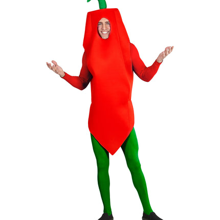 Chilipeper kostuum heren vooraanzicht met ovale gezichtsopening en puntige rode onderkant