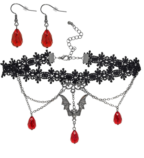 Choker en oorbellen gotisch vampier Niek: zwarte kanten halsband met vleermuis en rode druppels