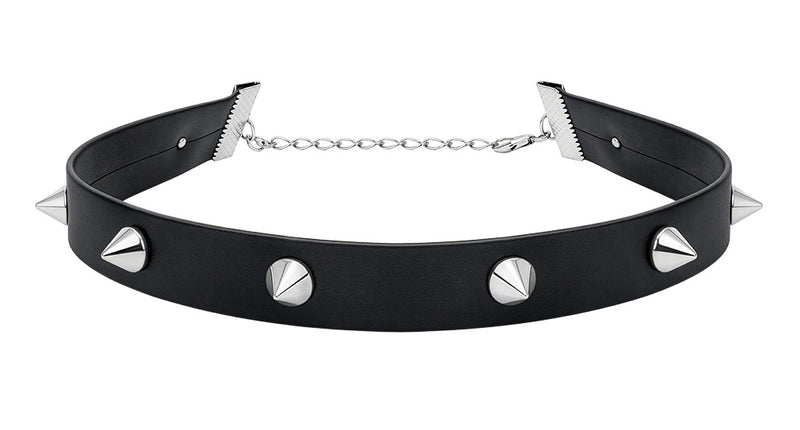 Choker studs zwart met zilverkleurige kegelvormige punten en verlengketting met karabijnhaak voor een punklook