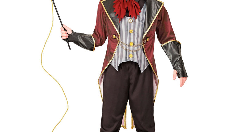 Circusdirecteur kostuum Gijs met rode slipjas, gestreept vest en gestreepte hoge hoed voor Halloween