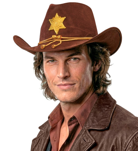 Close-up cowboy hoed sheriff Texas ranger met gekrulde rand en goudkleurig koorddetail