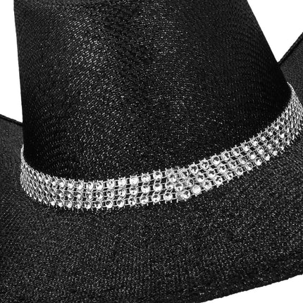 Close-up van de cowboyhoed Midnight met drie rijen strass rond het glinsterend geweven vlechtwerk