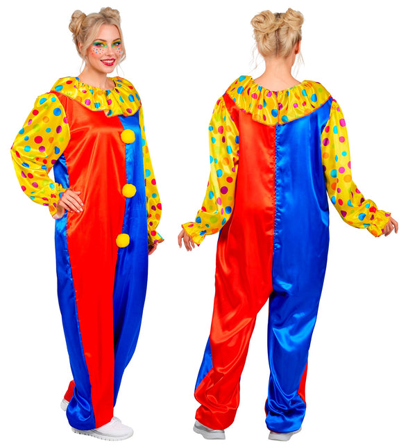 Clown jumpsuit dames achterkant met doorlopende rood-blauwe kleurvlakken en stippenmouwen