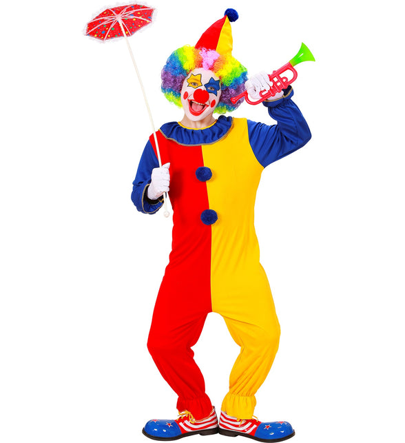 Clownspak kind Duo op jongen: blauwe mouwen, geplooide kraag en twee blauwe pompons op de voorkant