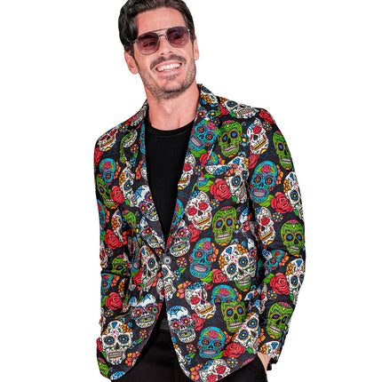 Colbert day of the dead Skully dichtgeknoopt met één knoop, gedragen over een zwart shirt