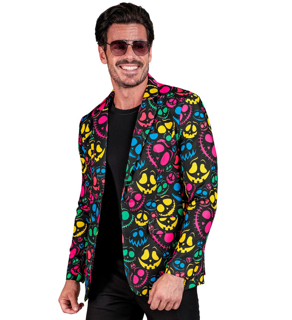 Colbert grappige geesten met neonprint van lachende geesten op zwart, gedragen door heer voor Halloween