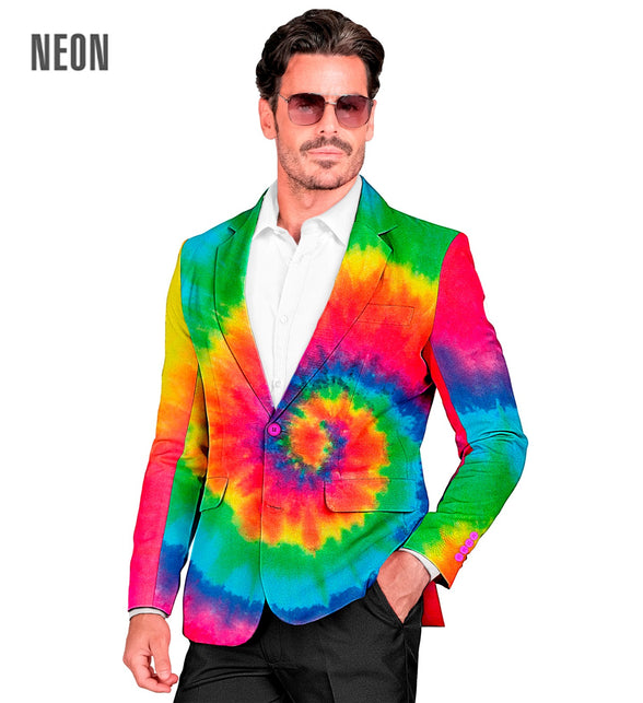 Colbert tie dye neon met felle spiraalprint over voorpand en mouwen, gedragen met wit overhemd