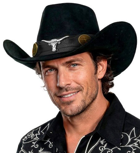 Cowboy hoed Dallas zwart op heren, suedelook bol met lengtedeuk en opstaande rand