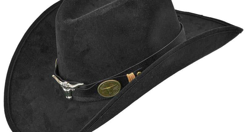 Cowboy hoed Dallas zwart in suedelook met zilveren stierenkop en bronzen sterconchos op de band