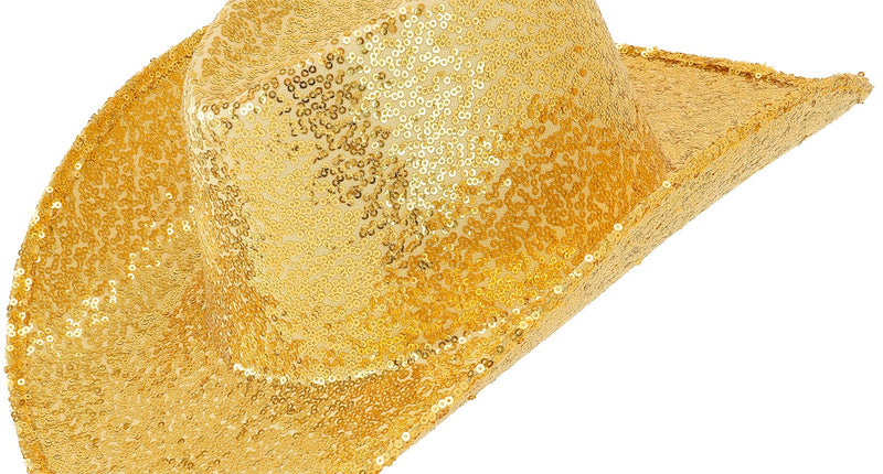 Cowboy hoed pailletten goud met brede omgebogen rand en glanzende gouden pailletten
