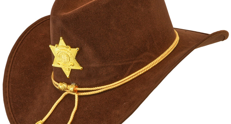 Cowboy hoed sheriff Texas ranger in bruin met gouden zespuntige ster en gevlochten koord