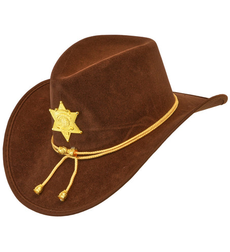 Cowboy hoed sheriff Texas ranger in bruin met gouden zespuntige ster en gevlochten koord