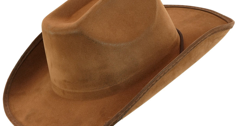 Cowboy hoed vintage suede bruin met brede opgekrulde rand en ingedeukte bol, schuin vooraanzicht