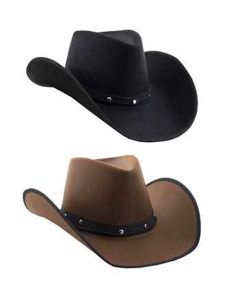 Cowboyhoed bruin vilt met zwarte sierband en zilveren studs, brede opgekrulde rand, voor een westernfeest
