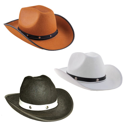 Cowboyhoed Glenn in bruin, wit en zwart naast elkaar, elk met een contrasterende hoedband met studs