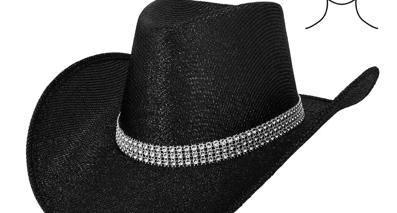 Cowboyhoed Midnight zwart met strassband, ingedeukte bol en opgekrulde rand, westernhoed voor heren