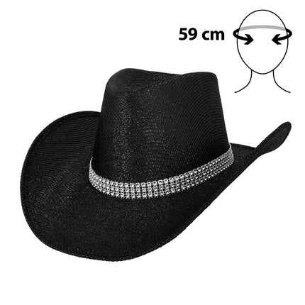 Cowboyhoed Midnight zwart met strassband, ingedeukte bol en opgekrulde rand, westernhoed voor heren