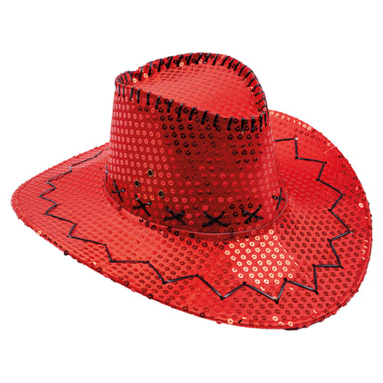 Cowboyhoed pailletten rood met zwart zigzagveterwerk op de rand en metalen oogjes, voor een discofeest