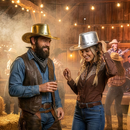 Cowboyhoed Savanne goud met kinkoord gedragen door een man in westernoutfit op een feest in een schuur