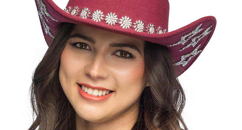 Cowboyhoed Star flower rood met zilveren bloemenband rond de bol en glitter op de opgekrulde rand voor een westernfeest
