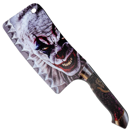 Creepy clown hakbijl met grijnzende horrorclown op het blad en donker heft met paarsrode spetters, voor Halloween