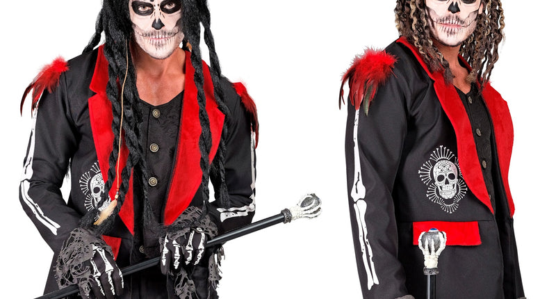 Dag van de doden jas Vera in zwart met rode kraag en botopdruk op de mouwen, voor Halloween