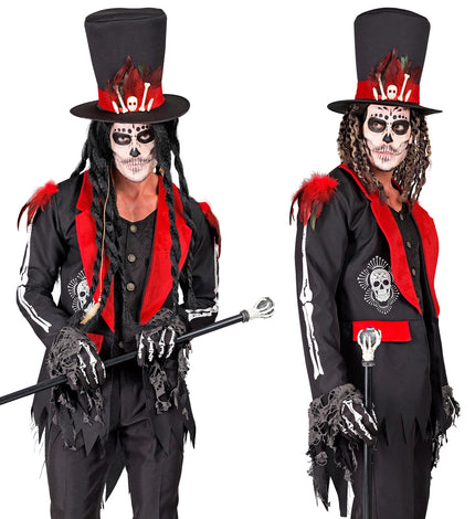 Dag van de doden jas Vera in zwart met rode kraag en botopdruk op de mouwen, voor Halloween