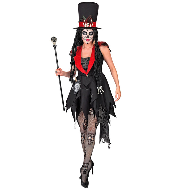Dag van de doden jurk Anouk dames in zwart met rode revers en gerafelde zoom, voor Halloween