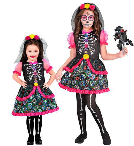 Dag van de doden jurk Anouk kinderen in twee maten, zwart met sugar-skullrok en roze ruches, voor Halloween