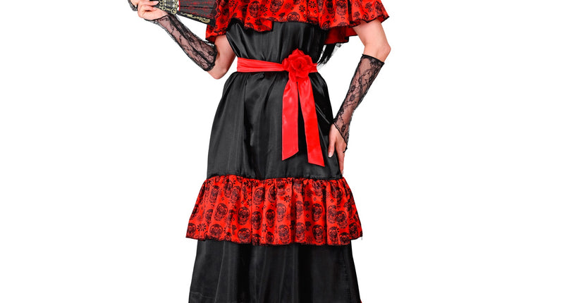 Dag van de doden kostuum dames: lange zwarte jurk met rode suikerschedelvolants en rozenriem voor Halloween