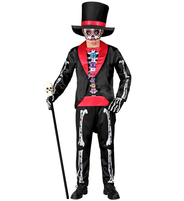 Dag van de doden kostuum jongen Sanne met zwarte rokjas, botprint en hoge hoed voor Halloween