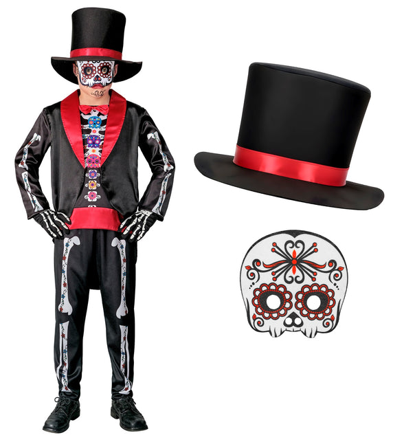 Dag van de doden kostuum kinderen met losse hoge hoed met rode band en wit calaveramasker