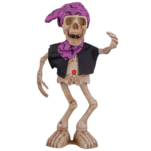 Dansend skelet 40 cm van pvc met paarse vleermuizenbandana, zwart vest en drukknop op de buik