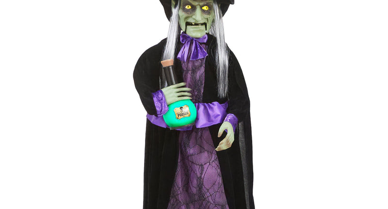 Dansende heks paars 90 cm, staande halloweendecoratie met zwarte cape, punthoed en groene gifflacon